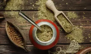 Naczynie z yerba mate, bombilla, drewniana łopatka z suszem. Choć yerba mate ma wiele zalet, warto pamiętać o jej negatywnych właściwościach.