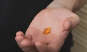 Dwie bursztynowe kapsułki na dłoni, symbolizujące walkę z niedoborem witaminy D3.