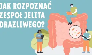 Ilustracja pokazuje jak rozpoznać zespół jelita drażliwego. Lekarze badają jelita pod lupą, szukając przyczyn problemów.