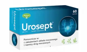 Opakowanie Urosept, leku co na nerki, z grafiką układu moczowego. Pomocniczo w zakażeniach i kamicy dróg moczowych. 60 tabletek.