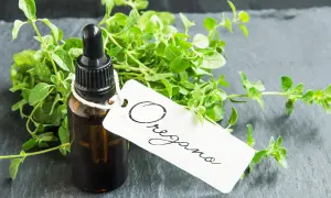 Butelka olejku z oregano, obok świeżych gałązek. Olejek z oregano na co? Na zdrowie i odporność.