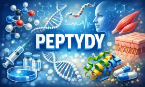Peptydy: co to? Obraz przedstawia cząsteczki, DNA, ludzką twarz, mięśnie, skórę, strzykawkę i kapsułki, symbolizując ich rolę w biologii i medycynie.