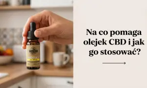 Dłoń trzyma buteleczkę olejku CBD. Tekst pyta: "Na co pomaga olejek CBD i jak go stosować?".
