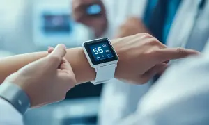 Biały smartwatch na nadgarstku pokazuje 55 uderzeń na minutę, idealny puls w spoczynku.