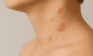 Widoczne zaczerwienione plamy na szyi, objawy pokrzywki.