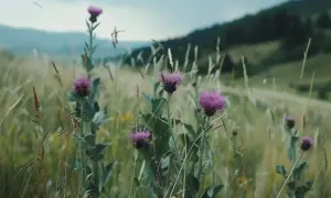 Fioletowe kwiaty ostropestu plamistego na łące. Dowiedz się, jak stosować ostropest plamisty mielony dla zdrowia.