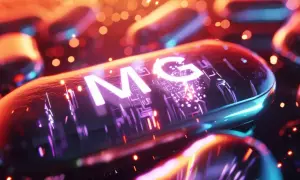 Błyszczące kapsułki z napisem "MG" sugerują, że magnez może pomóc w regulacji niskiego pulsu, tworząc futurystyczny obraz zdrowia.