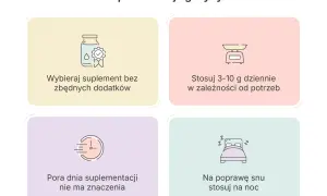 Suplementacja glicyny: wybieraj bez dodatków, stosuj 3-10g dziennie, pora dnia nie ma znaczenia, na sen stosuj na noc. Glicyna skutki uboczne są rzadkie przy prawidłowym dawkowaniu.