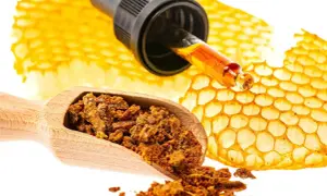 Propolis co to? Złocisty płyn z pipety i grudki propolisu na drewnianej łyżce na tle plastrów miodu.