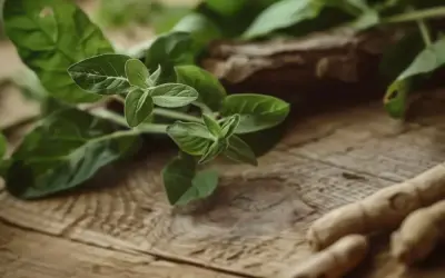 Zielone liście i korzenie, być może ashwagandha, na drewnianym tle. Mogą wspierać tarczycę.