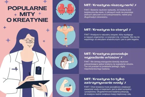 Kreatyna co daje? Grafika obala mity: nie niszczy nerek, nie jest sterydem, nie powoduje wypadania włosów, a wręcz zwiększa masę mięśniową.