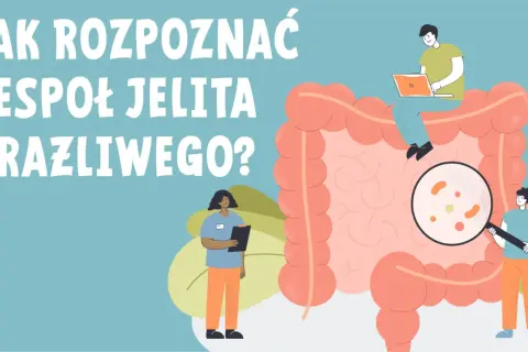 Ilustracja pokazuje jak rozpoznać zespół jelita drażliwego. Lekarze badają jelita pod lupą, szukając przyczyn problemów.