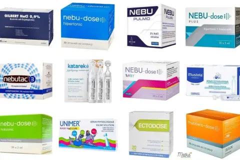 Różne opakowania soli do inhalacji: Nebu-dose, Nebutac, Katarek, Ectodose, Mucowis-dose, Mustela, Unimer.