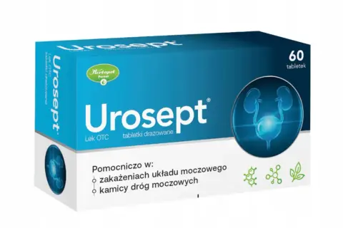 Opakowanie Urosept, leku co na nerki, z grafiką układu moczowego. Pomocniczo w zakażeniach i kamicy dróg moczowych. 60 tabletek.