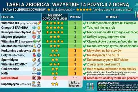 Tabela ocenia 14 pozycji suplementów, od witaminy D3 po rapamycynę, wskazując na solidność dowodów i poziom rekomendacji. Resweratrol nie jest polecany, bo mechanizm jego działania obalono.