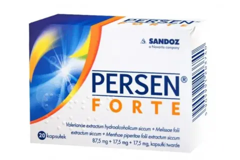 Opakowanie leku Persen Forte, zawierające 20 kapsułek. Informacje o składzie i dawkowaniu.