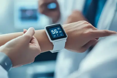 Biały smartwatch na nadgarstku pokazuje 55 uderzeń na minutę, idealny puls w spoczynku.