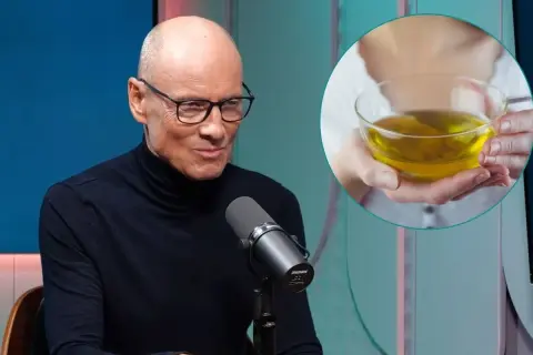 Mężczyzna w okularach i czarnym golfie rozmawia przy mikrofonie. Obok w okręgu widać dłonie trzymające miseczkę z żółtym płynem, być może podpowiedź, jak się odstresować.