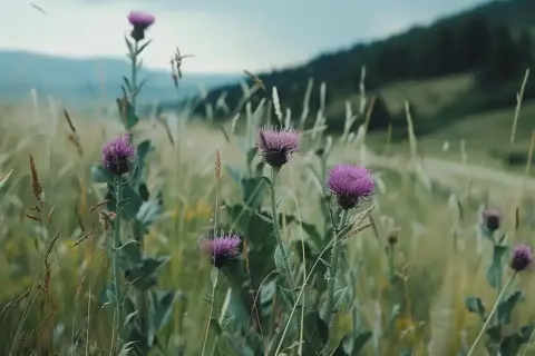 Fioletowe kwiaty ostropestu plamistego na łące. Dowiedz się, jak stosować ostropest plamisty mielony dla zdrowia.
