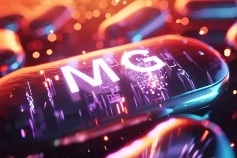 Błyszczące kapsułki z napisem "MG" sugerują, że magnez może pomóc w regulacji niskiego pulsu, tworząc futurystyczny obraz zdrowia.