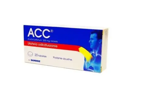 Opakowanie leku ACC z acetylocysteiną 200 mg. tabletki, co to jest? Ułatwia odkrzuszanie. 20 tabletek. Sandoz.