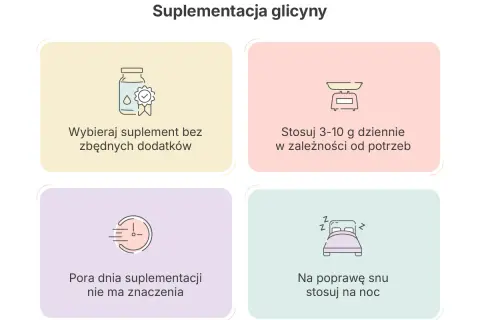 Suplementacja glicyny: wybieraj bez dodatków, stosuj 3-10g dziennie, pora dnia nie ma znaczenia, na sen stosuj na noc. Glicyna skutki uboczne są rzadkie przy prawidłowym dawkowaniu.