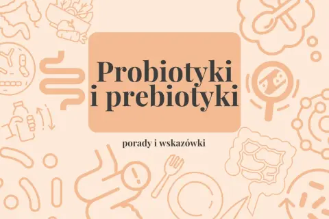 Probiotyki i prebiotyki: klucz do zdrowego jelita. Grafika przedstawia jelita, bakterie, warzywa i sztućce.