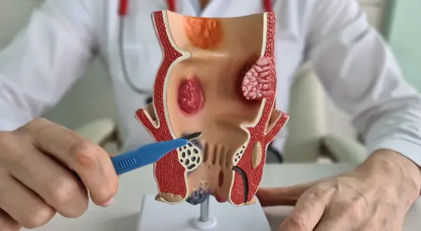 Model anatomiczny przedstawia hemoroidy wewnętrzne. Lekarz pokazuje narzędziem obszar objęty chorobą, co symbolizuje leczenie.