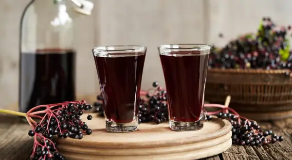 Dwa kieliszki ciemnego, aromatycznego soku z czarnego bzu stoją obok butelki i świeżych owoców.