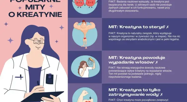 Kreatyna co daje? Grafika obala mity: nie niszczy nerek, nie jest sterydem, nie powoduje wypadania włosów, a wręcz zwiększa masę mięśniową.