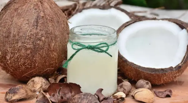 Słoik z olejem kokosowym, otoczony łupinami i połówkami kokosa. Wiele możliwości zastosowanie tego naturalnego produktu.