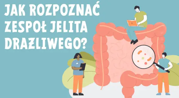 Ilustracja pokazuje jak rozpoznać zespół jelita drażliwego. Lekarze badają jelita pod lupą, szukając przyczyn problemów.