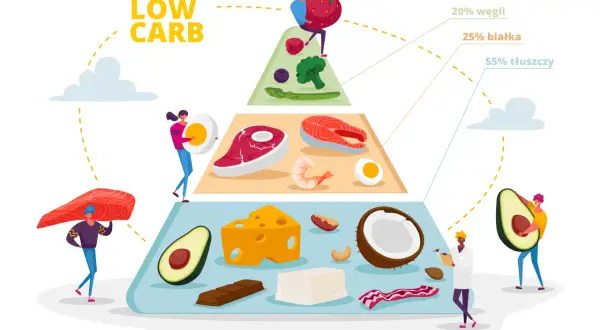 Piramida żywieniowa ilustrująca zasady diety low carb: 55% tłuszczy, 25% białka, 20% węgli.