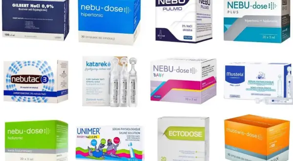Różne opakowania soli do inhalacji: Nebu-dose, Nebutac, Katarek, Ectodose, Mucowis-dose, Mustela, Unimer.