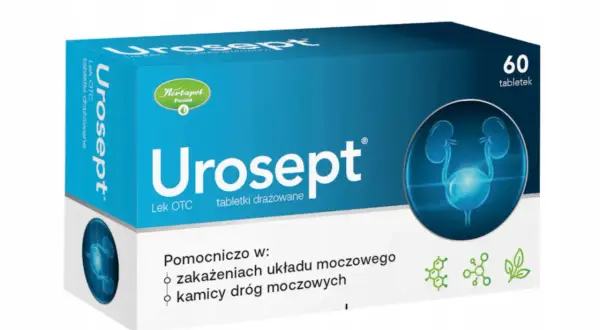 Opakowanie Urosept, leku co na nerki, z grafiką układu moczowego. Pomocniczo w zakażeniach i kamicy dróg moczowych. 60 tabletek.