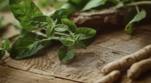 Zielone liście i korzenie, być może ashwagandha, na drewnianym tle. Mogą wspierać tarczycę.