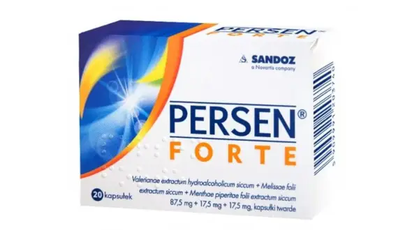 Opakowanie leku Persen Forte, zawierające 20 kapsułek. Informacje o składzie i dawkowaniu.