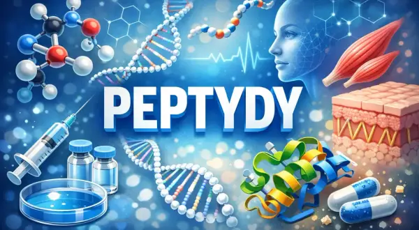 Peptydy: co to? Obraz przedstawia cząsteczki, DNA, ludzką twarz, mięśnie, skórę, strzykawkę i kapsułki, symbolizując ich rolę w biologii i medycynie.