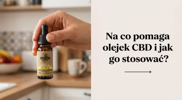 Dłoń trzyma buteleczkę olejku CBD. Tekst pyta: "Na co pomaga olejek CBD i jak go stosować?".