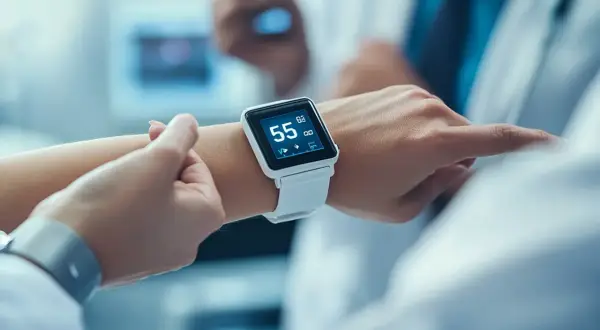 Biały smartwatch na nadgarstku pokazuje 55 uderzeń na minutę, idealny puls w spoczynku.