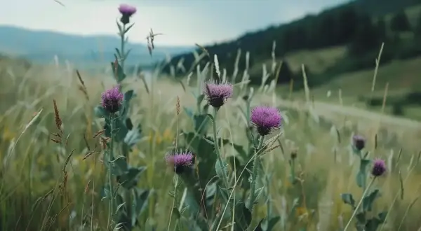 Fioletowe kwiaty ostropestu plamistego na łące. Dowiedz się, jak stosować ostropest plamisty mielony dla zdrowia.