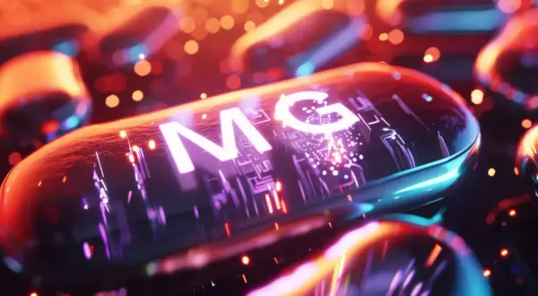 Błyszczące kapsułki z napisem "MG" sugerują, że magnez może pomóc w regulacji niskiego pulsu, tworząc futurystyczny obraz zdrowia.