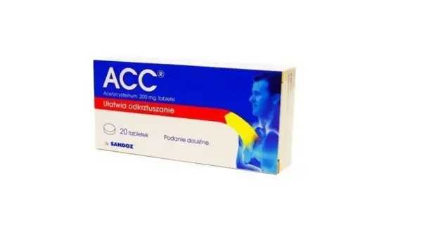Opakowanie leku ACC z acetylocysteiną 200 mg. tabletki, co to jest? Ułatwia odkrzuszanie. 20 tabletek. Sandoz.