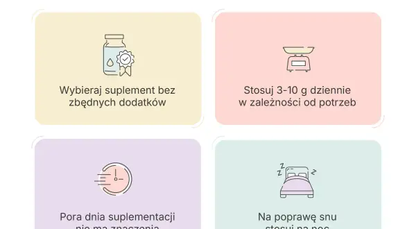 Suplementacja glicyny: wybieraj bez dodatków, stosuj 3-10g dziennie, pora dnia nie ma znaczenia, na sen stosuj na noc. Glicyna skutki uboczne są rzadkie przy prawidłowym dawkowaniu.