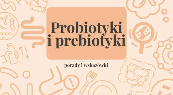 Probiotyki i prebiotyki: klucz do zdrowego jelita. Grafika przedstawia jelita, bakterie, warzywa i sztućce.