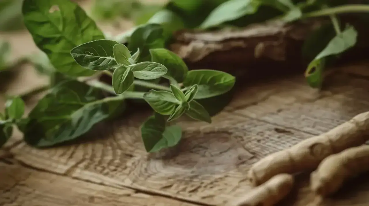 Zielone liście i korzenie, być może ashwagandha, na drewnianym tle. Mogą wspierać tarczycę.