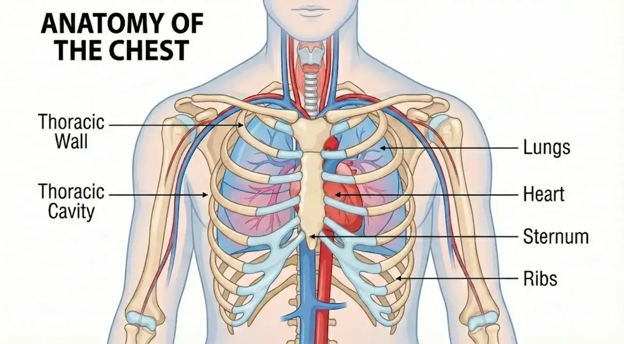 Anatomia klatki piersiowej: serce, płuca, mostek i żebra. Ból w mostku między piersiami może być związany z tymi strukturami.