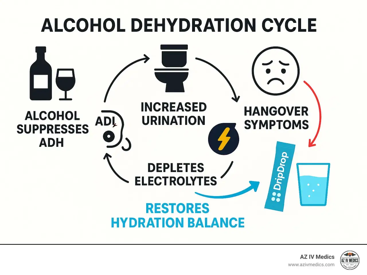 Cykl odwodnienia po alkoholu: alkohol hamuje ADH, co prowadzi do zwiększonego oddawania moczu, wypłukuje elektrolity, powodując objawy kaca. DripDrop przywraca równowagę nawodnienia.