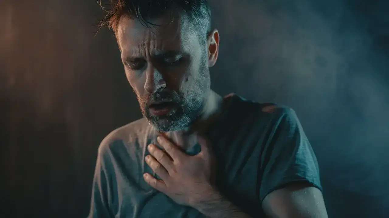 Mężczyzna z zamkniętymi oczami, trzymający się za gardło, doświadcza duszności na tle nerwowym. Objawy są widoczne na jego twarzy.