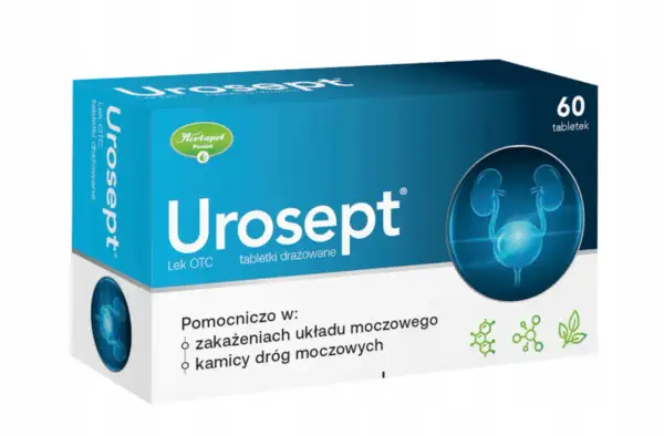 Opakowanie Urosept, leku co na nerki, z grafiką układu moczowego. Pomocniczo w zakażeniach i kamicy dróg moczowych. 60 tabletek.